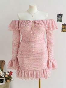 Soleia فستان صيفي صغير للسيدات السمينات من القماش المطبع الوردي الرومانسي الشبكي مع كشكشة على الأكتاف، مناسب لرحلات الشاطئ والمنتجعات