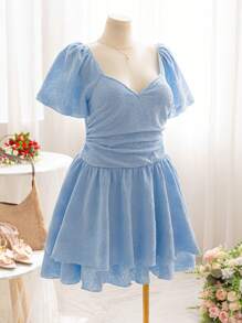 Dreamara Vestido mini con volantes de manga corta, cuello con volantes y talla grande para mujer, color azul, para vacaciones de primavera - Azul - Ver 7