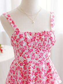 Soleia 女士度假黄玫瑰碎花细肩带多层中长连衣裙，休闲长裙，适合下午茶、婚礼季节 - 粉色 - 查看 7