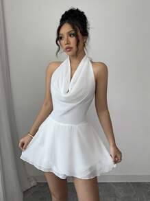 Chiquease Deep V-Neck Backless A-Line Asymmetrical Dress With Cinched Waist, Sexy & Slimming - White - View 3