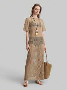 Ontre Women's Crochet Long Dress, Short Sleeve, Beach Style, Oversized Bohemian, Round Neck, Brown Knitted Long Dress, Spring Outfit