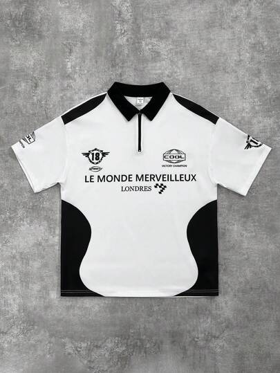 SHEIN Tonårspojkar Casual kortärmad pikétröja, färgblock svart och vitt, engelskt tryck för racerbilar, sport- och gatmode, punkrock, skoluniform, lämplig för vår- och sommartillställningar, fester, festivaler