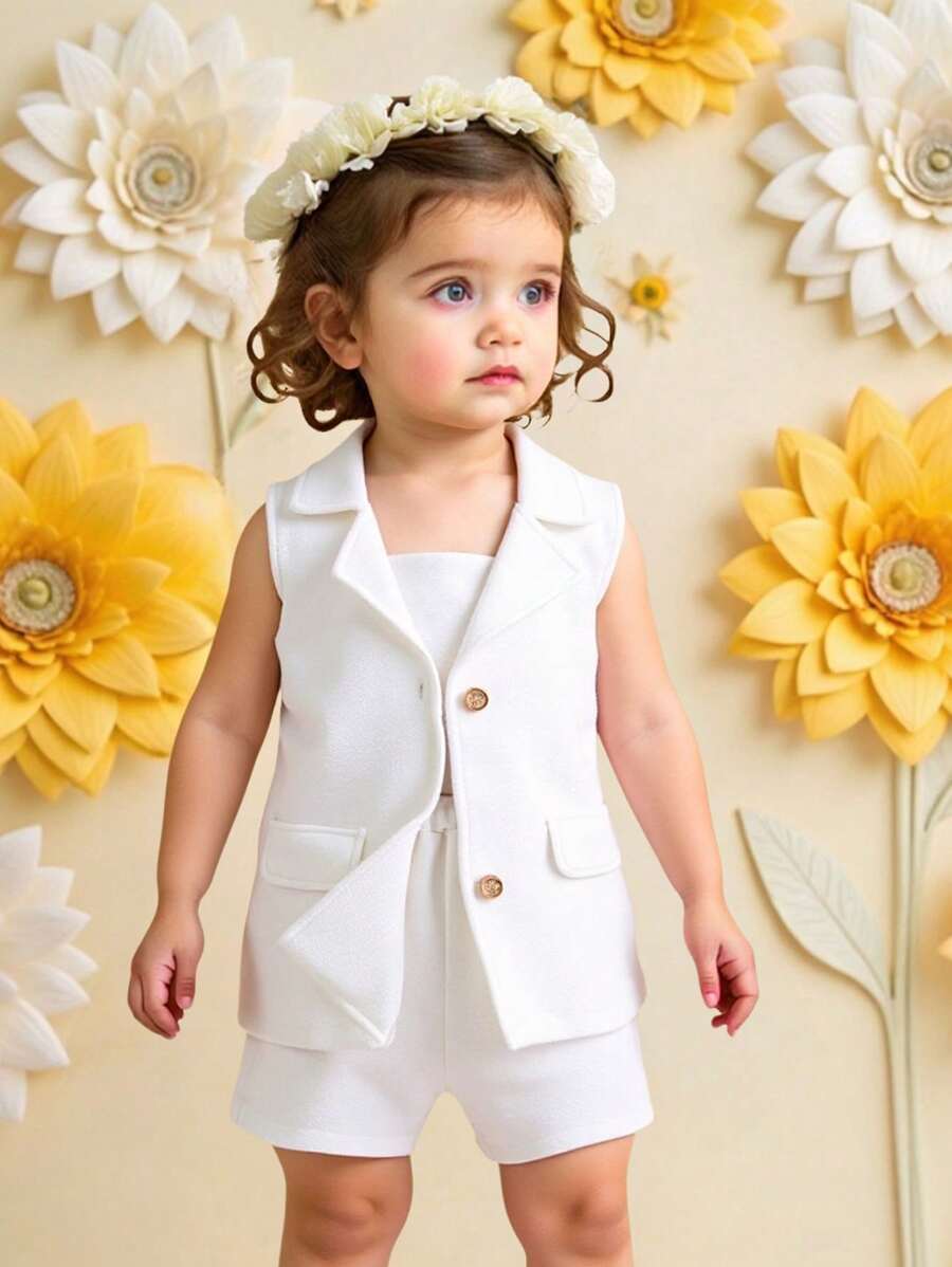 3 件套夏季年轻女孩优雅时尚简约街头风格白色背心，搭配吊带背心和短裤 - 白色 - 查看 1