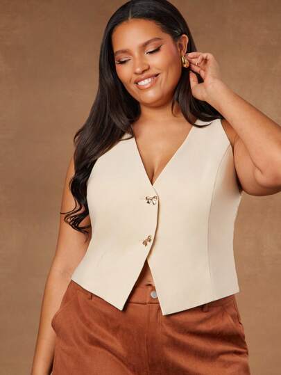 Hauture Summer Women, Women, Women Plus Size Beige Deep V-Neck Fitted Tank Top With Symmetrical Point Hem And Gold Bow Front Buttons, Women Tops, Women Tank Tops, Summer Tops, Crop Top, Women Top, Office Women, Old Money