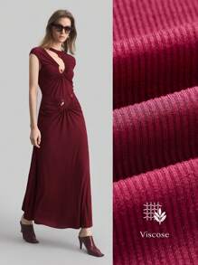 Ontre Vintage 90s Women's Metal Decor Asymmetric Neckline Hollow Out Design Brown-Red Knit Dress - Burgundy - View 1