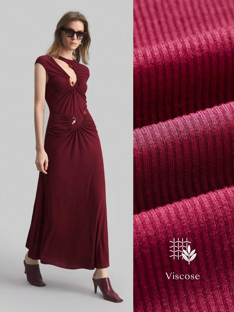 Vintage 90s Women's Metal Decor Asymmetric Neckline Hollow Out Design Brown-Red Knit Dress