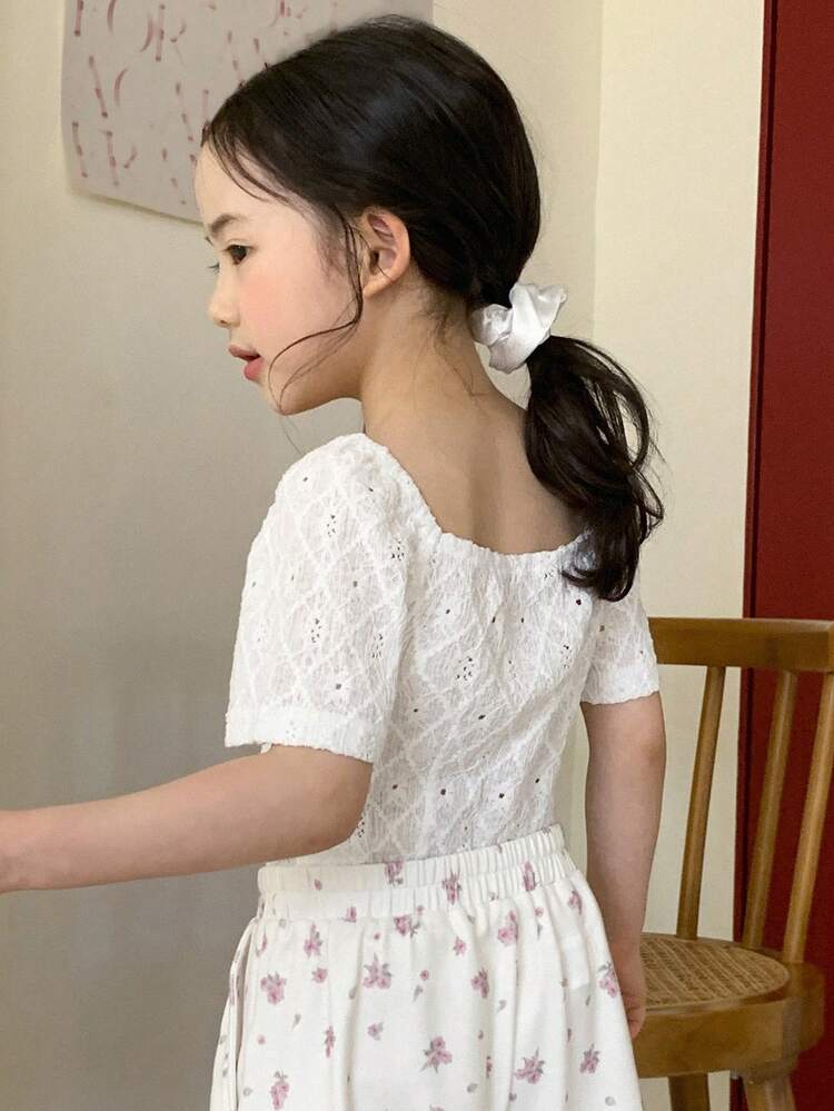Young Girl Bow Decor Short Sleeve Casual T-Shirt, Summer