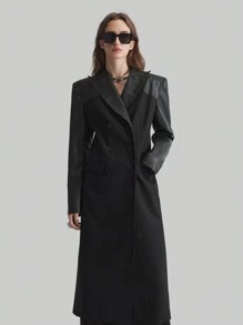 Ontre Women's Four Seasons Black Suit-Style Long Coat, Patchwork Coat, Waist-Hugging Women's Fashionable Double-Breasted Trench Coat In Fall/Winter - Black - View 8