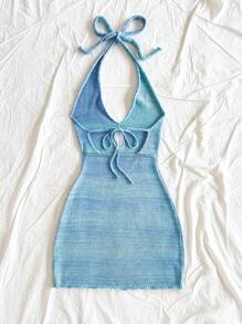 Soleia 度假V领露背渐变色针织连衣裙，适合度假，约会，下午茶，音乐节，波西米亚风 - 藍色 - 查看 2