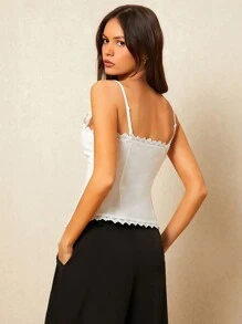 Poéselle Women Solid Color Hollow Out Embroidered Splice Short Camisole - White - View 2