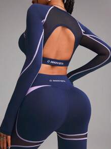 Innovista 女士运动服二合一套装，撞色拼接短款长袖运动上衣和运动紧身裤，两件套健身服，透气网眼镂空高弹速干健身上衣和裤子，高腰收腹裤和塑形垫，适合拳击、舞蹈、徒步、露营、越野、排球、音乐节、派对等场合，蓝色，春季装备，情人节，比基尼，秋季泳装，女士清爽浅蓝色