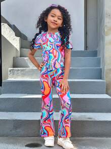 SHEIN Explorewe Girl Casual All-Match Versatile Street Colorful Sports Fitted Asymmetric Hem T-Shirt + Flare Pants Set