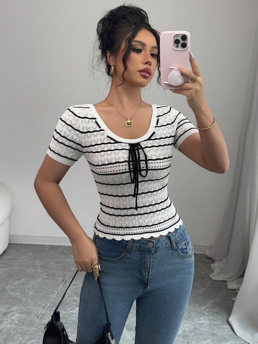 Chiquease 女士撞色条纹短袖针织上衣 - 白色 - 查看 1