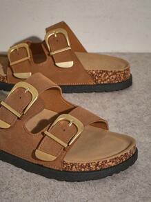 SHUZIA 女士双西式扣饰软木鞋床绒面革棕褐色拖鞋凉鞋 - 时尚、舒适的春季鞋 - 紫紅色 - 查看 7