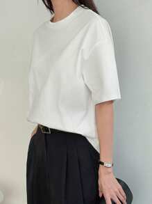 DAZY 女士纯色圆领短袖休闲T恤，秋季新款宽松款式 - 白色 - 查看 5