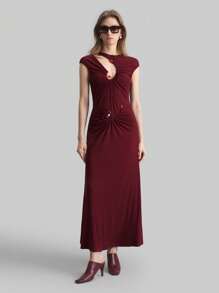 Ontre Vintage 90s Women's Metal Decor Asymmetric Neckline Hollow Out Design Brown-Red Knit Dress - Burgundy - View 6