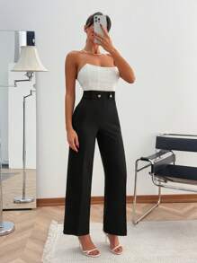 EURMUSE Women's Solid Button Accessory Detailed Elegant Pants - Black - View 7