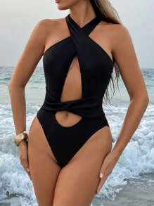 SHEIN Swim Delicate Summer Beach Vacation Halter Cut-Out Monokini For Women - Black - View 3