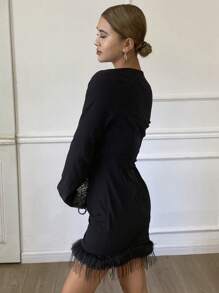 DAZY Fitted Asymmetrical V-Neck Fuzzy Patch Mini Dress, Suitable For Party, Date Night, Casual Wear Prom Dress,Fall Dress Long Sleeve Dress - Black - View 3