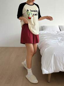 DAZY 2pcs Set Women's Cartoon Print Contrast Color Raglan Sleeve Loose Shorts Pajama Sleepwear Set - White - View 4