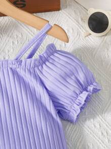 SHEIN Tween Girl Heart Embroidery Open Shoulder Camisole Dress - Lilac Purple - View 3