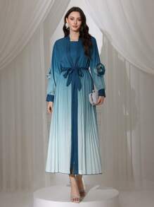 Modelyn 2pcs Women Ombre Printed 3D Flower Pleat Long Sleeve Coat & Dress Set - Teal Blue - View 2