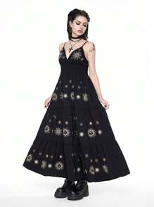 ROMWE Mystical Hippie Gothic Star & Moon Embroidered V-Neck Long Vacation Slip Dress - Black - View 7