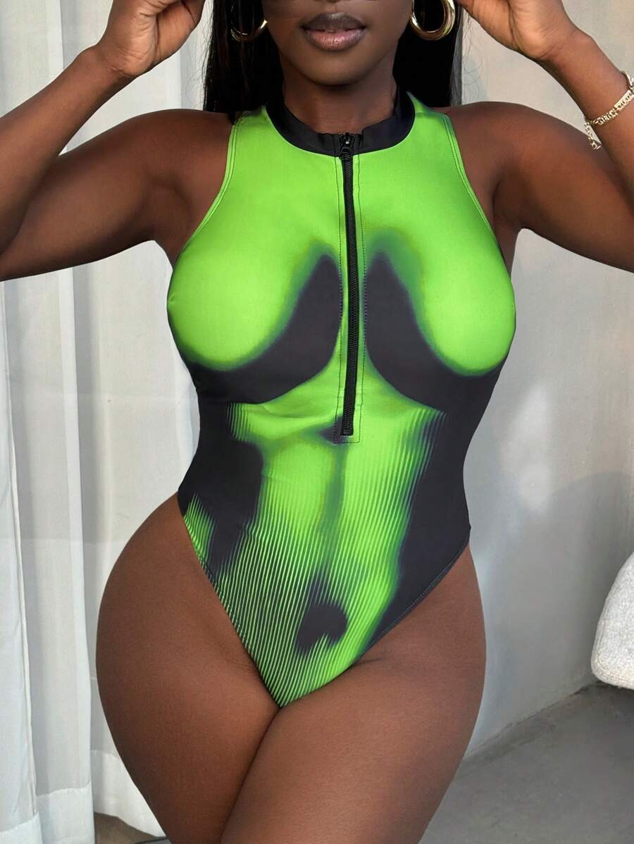 SHEIN Slayr 1 件简约时尚印花连体泳衣，适合日常休闲穿着，适合夏季海滩度假 - 黑色 - 查看 1