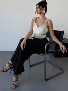 Firerie Neue Frühlings-/Sommer Office Pendler Elegante Aprikose & Leinen Drehteil Knopf Taille Saum Passförmige Satinbluse