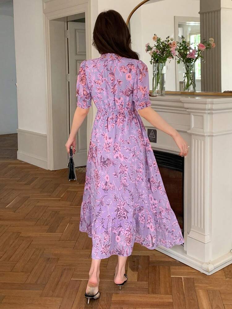 Summer New Bohemian Style Allover Print Cinched Waist Maxi Sundress For Women Floral Boho