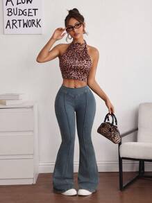 SHEIN ICON Women's Toothpick Design Flare Leg Casual Jeans, Versatile - Medium Wash - View 5