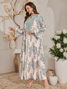 Al Najma Indonesian Arabic Long Robe Dress For Women, Dubai Style Loose Retro Printed Robe, Turkish Caftan, Modest Kaftan - Apricot - View 6