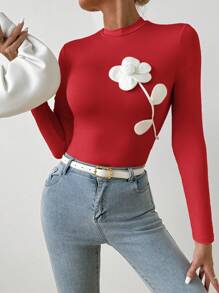 SHEIN Privé 女士优雅 3D 花卉图案黑色长袖修身 T 恤，适合通勤和度假 - 紅色 - 查看 4