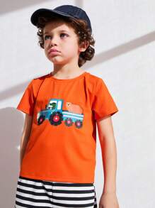 SHEIN 2pcs/Set Young Boys Car Print T-Shirt & Blue White Striped Pants Sets - Multicolor - View 3