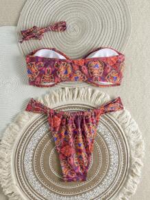 Swim Vcay ملابس سباحة بيكيني للنساء قطعتين مطبوعة بطبعة عتيقة مفرغة مع أشرطة قابلة للتعديل، للعطلة الاستجمام، للشاطئ والصيف