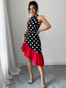 Elenzga Women Sleeveless Asymmetrical Hem Elegant Sexy Dress - Red and Black - View 5