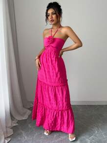 Elenzga Women's Elegant Solid Color 3D Floral Backless Halter Dress