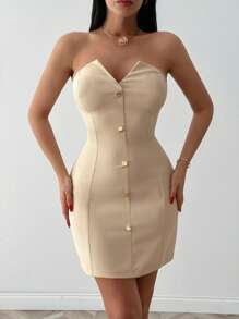 EURMUSE Petite Style Button Detailed Frenchy Style Short Dress - Beige - View 1