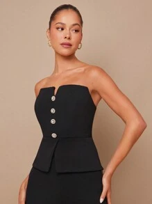 L'Amorae Summer Women, Women, Elegant Office Look Front Split Strapless Black Top With Gold And Faux Pearl Buttons, Women Tops, Summer Tops, Tube Top, Crop Top, Office Women, Old Money, Daily. For Date Night, Concerts, Performances, Parties