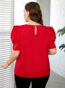 SHEIN Clasi 大码红色串珠泡泡袖衬衫、夏季外出上衣、女士春季服装