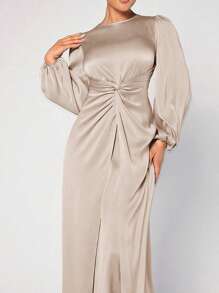 Modelyn Ladies' Round Neck Lantern Sleeve Arabian Abaya Dress,Elegant Evening Party Maxi Dress - Apricot - View 1
