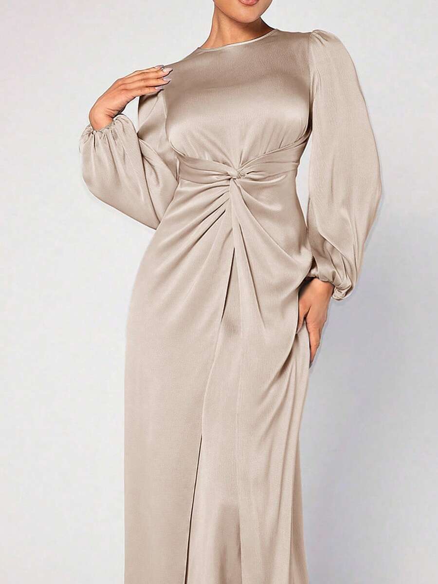 Modelyn Ladies' Round Neck Lantern Sleeve Arabian Abaya Dress,Elegant Evening Party Maxi Dress - Apricot - View 1