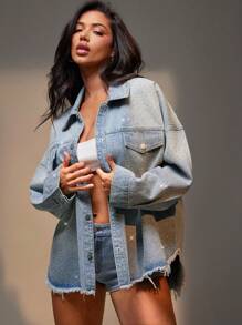 Denimoi Rhinestone Detail Oversized Denim Coat - Light Wash - View 2