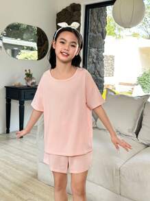 2pcs/Set Preteen Girls Loose Round Neck T-Shirt And Relaxed Shorts Outfit, Textured Material - Multicolor - View 4