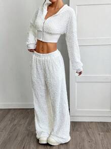 SHEIN EZwear Bộ 2 áo nỉ và quần lấp lánh, trang phục thường ngày đơn giản thời trang - trắng - Xem 5