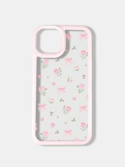 Kawaii 1pc Pink Bow & Rose Floral Pattern Phone Case Compatible With Iphone 11, 12, 13, 14, 15, Pro, Max, 16
