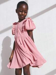 SHEIN Young Girls Casual Solid Color Textured Puff Sleeve Dress - Pink - View 1