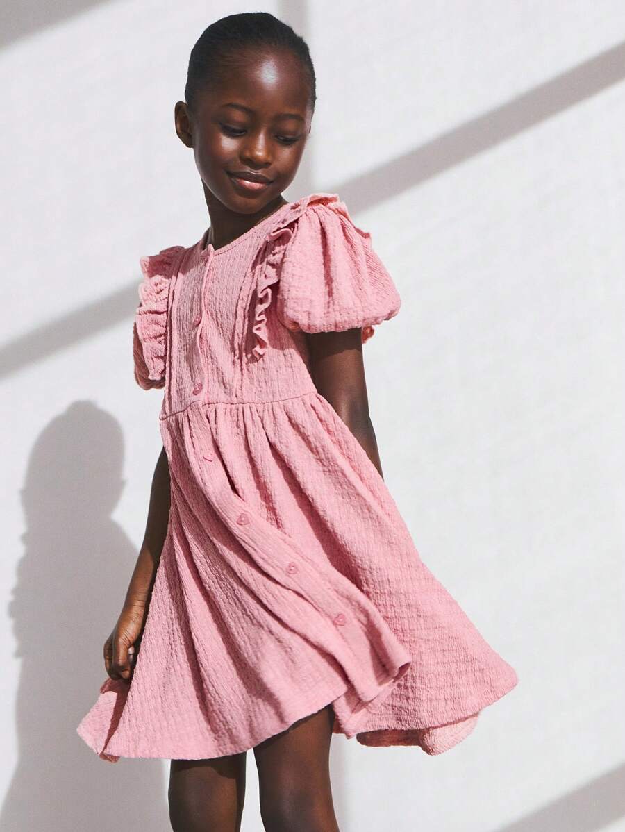 SHEIN Young Girls Casual Solid Color Textured Puff Sleeve Dress - Pink - View 1