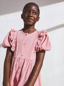 SHEIN Young Girls Casual Solid Color Textured Puff Sleeve Dress - Pink - View 5