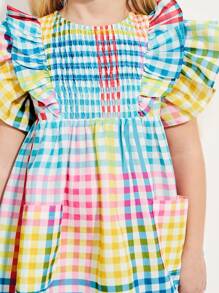 SHEIN Leap Crew Toung Girls Colorful Plaid Print Ruffled Two-Layer Cap Sleeve A-Line Loose Dresses, Casual Holiday Style